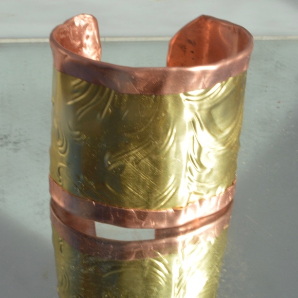 Rustic Brass Solid Genuine Copper Cuff Bracelet Wide Baroque Rococo Embossed - Picture 4 of 7